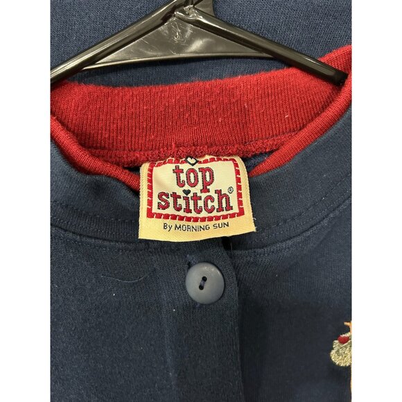 Vintage Top Stitch Navy Cardigan Sweater Embroidered Apple Orchard Sz M Grandma - Picture 6 of 10